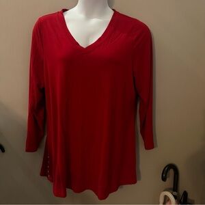 Women's Red V-Neck Top Gold Tone Button Detail Blouse Susan Graver 1X Office